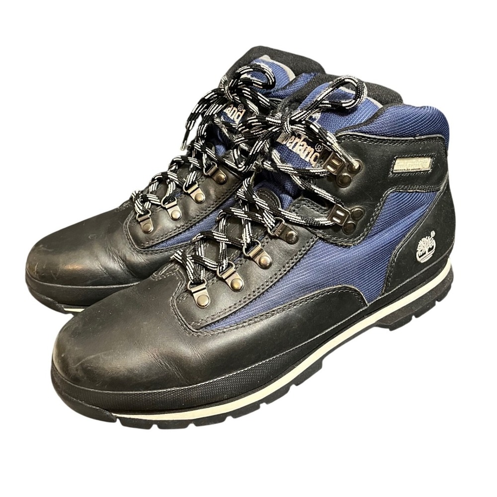 Timberland Euro Hiker Mens 12M Black Blue Leather Mesh‎ Hiking Boots 95189